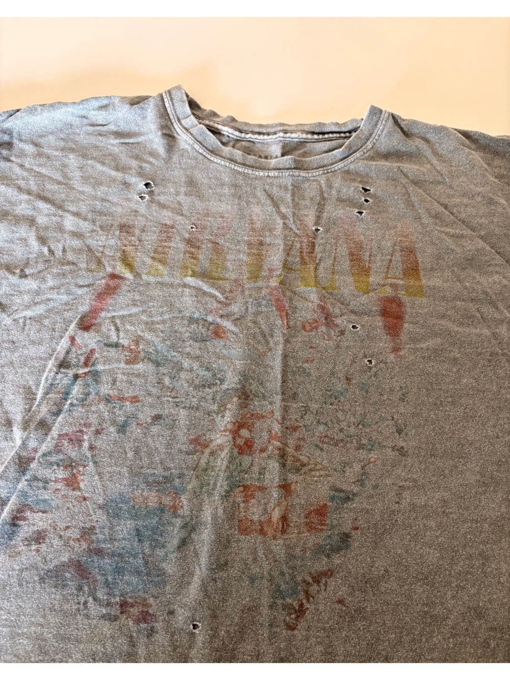 Nirvana Vintage -Style Graphic Tee in Heather Gray with Faded Multicolor Print